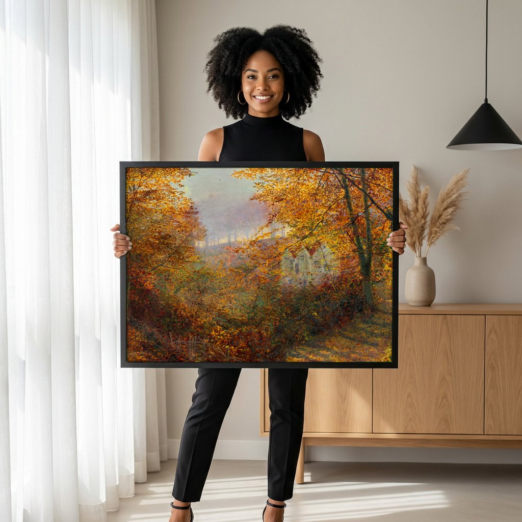 Quadro Decorativo Paisagem Outonal - Grimshaw com modelo em ambiente