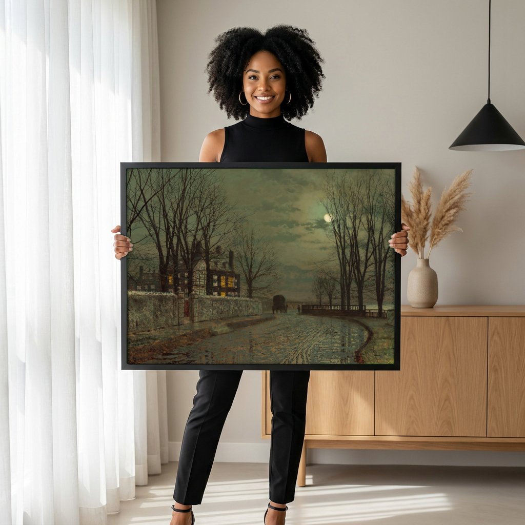 Quadro Decorativo Noite de Inverno - Grimshaw com modelo em ambiente