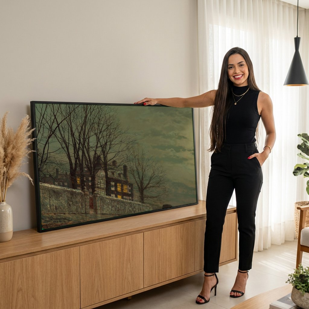 Quadro Decorativo Noite de Inverno - Grimshaw com modelo em ambiente