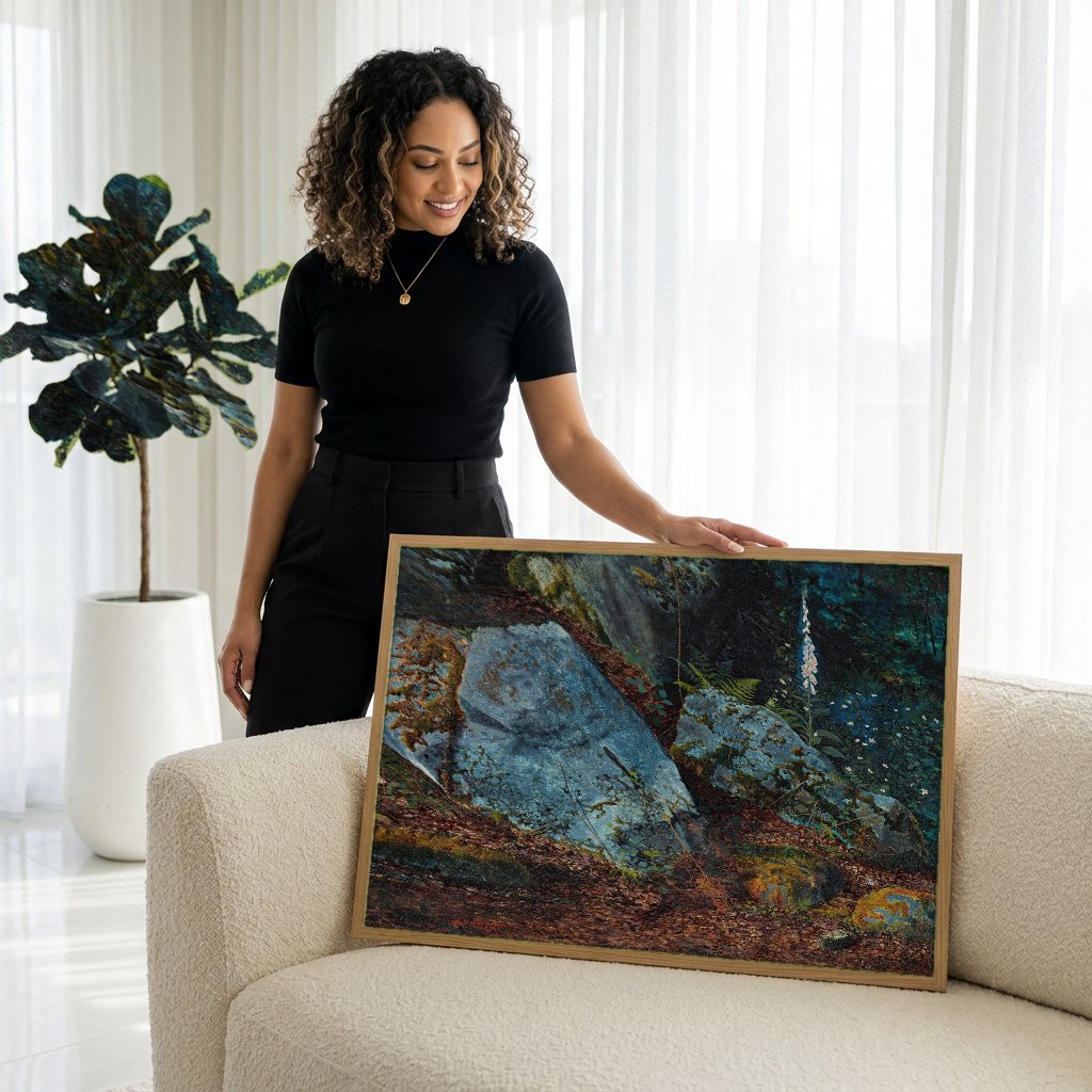 Quadro Decorativo Floresta Mística - Grimshaw com modelo em ambiente