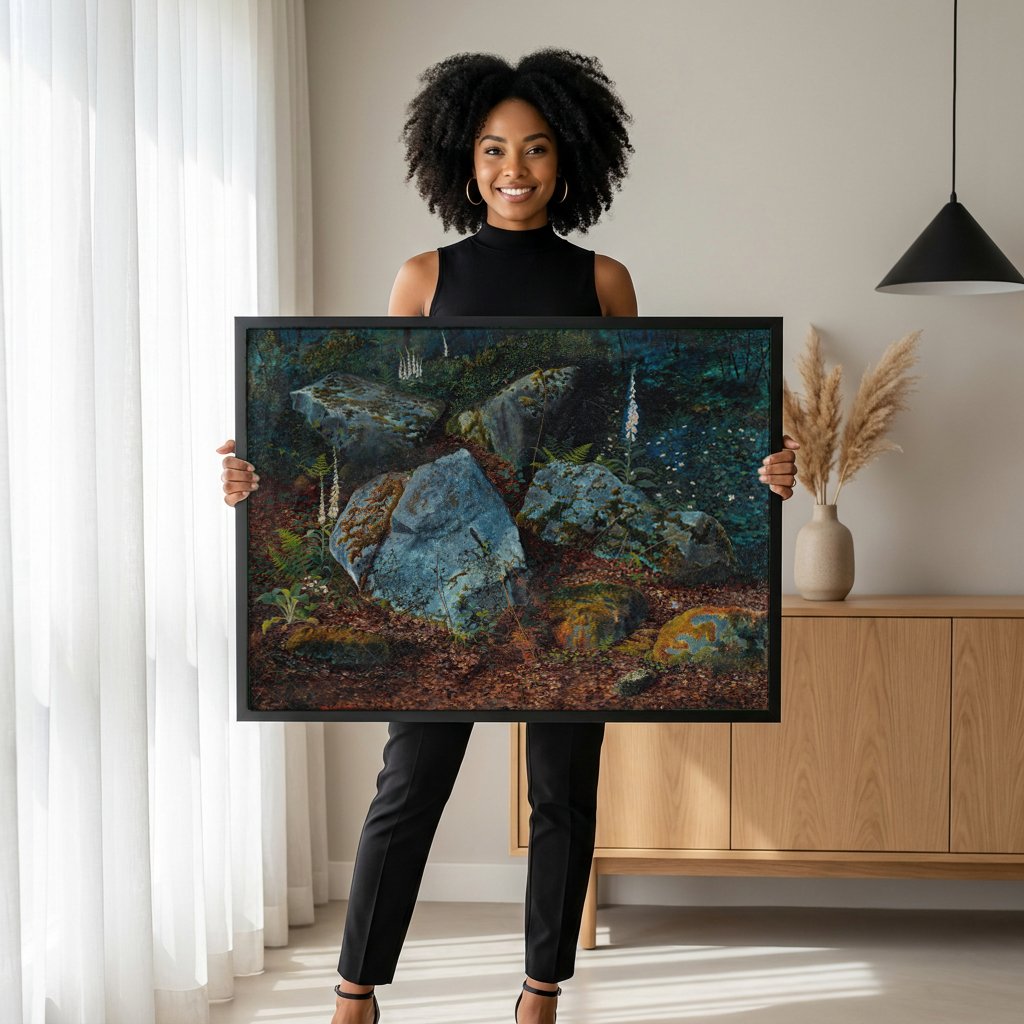 Quadro Decorativo Floresta Mística - Grimshaw com modelo em ambiente
