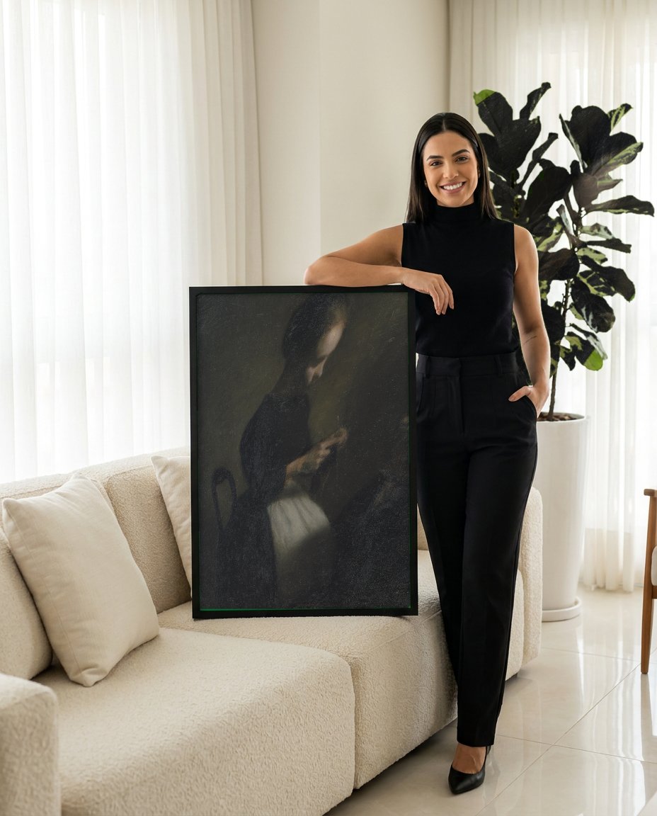 Quadro Decorativo Duas Mulheres em um Interior - Vilhelm Hammershøi com modelo em ambiente