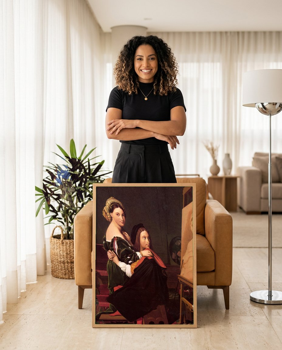 Quadro Decorativo Rafael e La Fornarina - Ingres com modelo em ambiente
