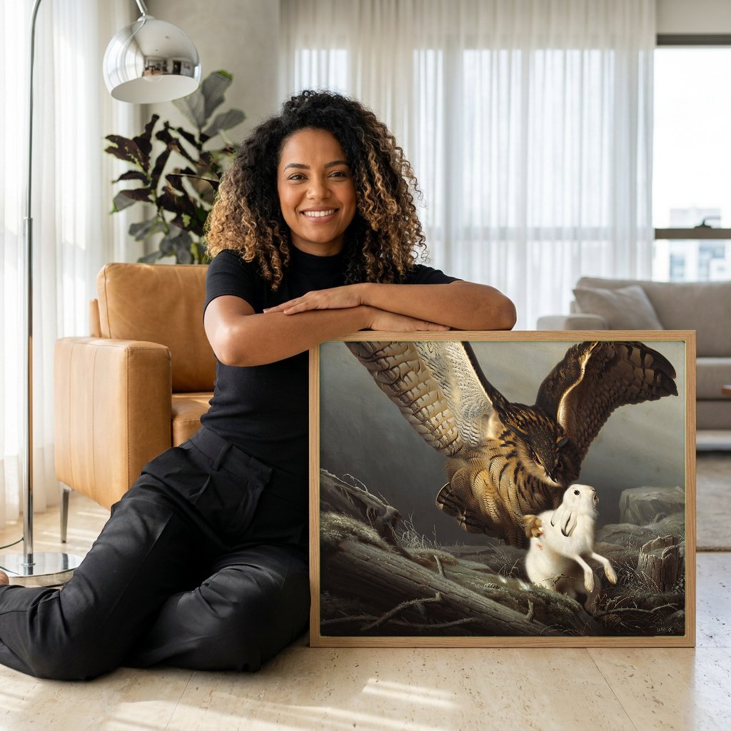 Quadro Decorativo Coruja e Lebre - Ferdinand von Wright com modelo em ambiente
