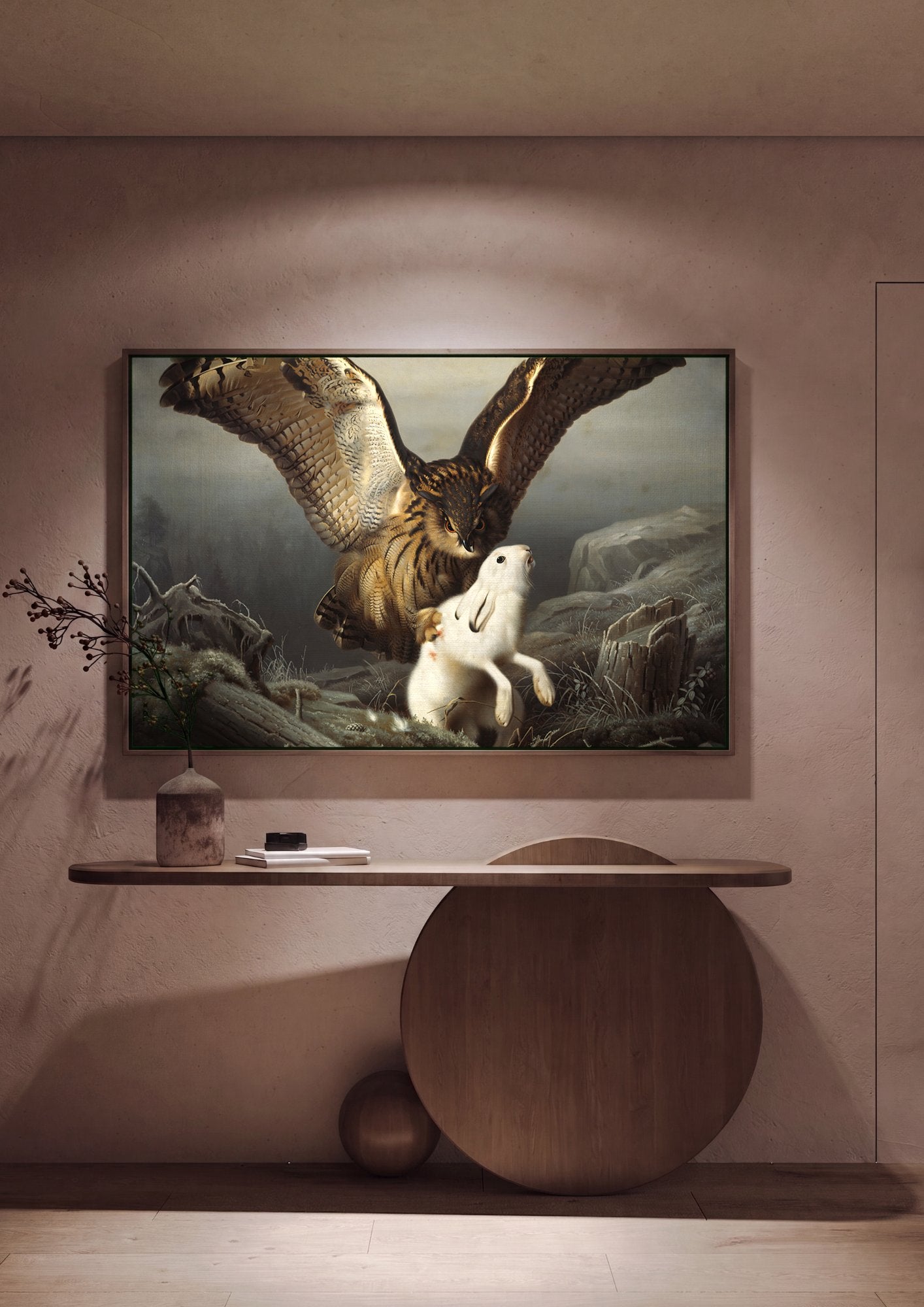 Quadro Decorativo Coruja e Lebre - Ferdinand von Wright em ambiente decorado