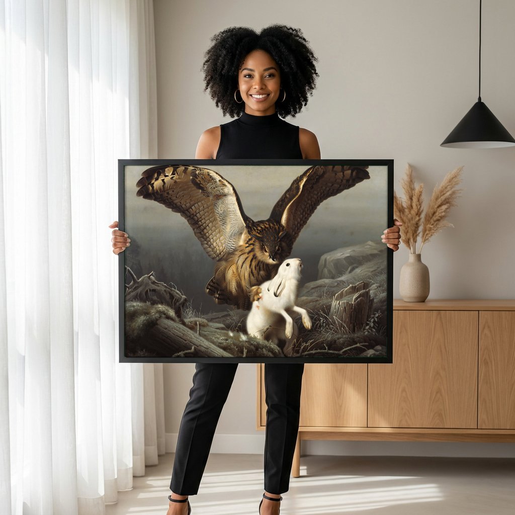 Quadro Decorativo Coruja e Lebre - Ferdinand von Wright com modelo em ambiente