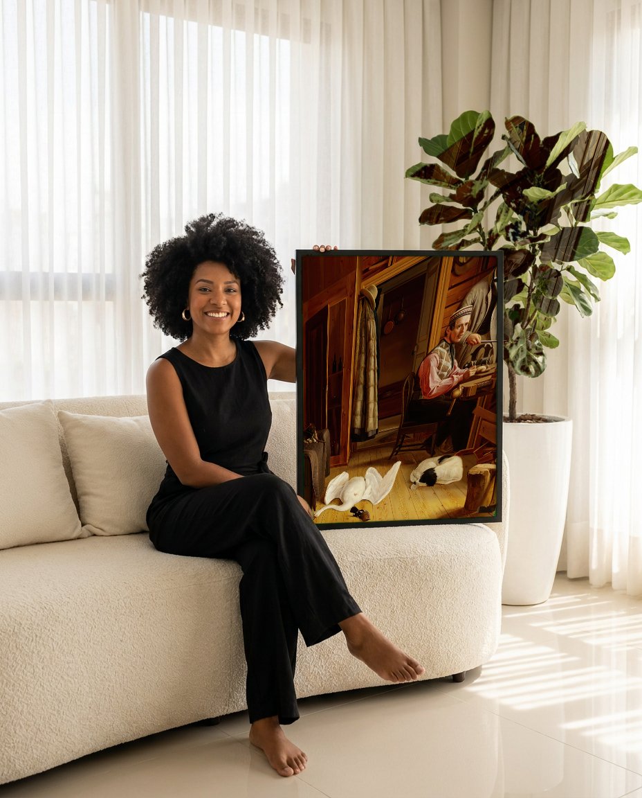 Quadro Decorativo A Taxidermista – Ferdinand von Wright com modelo em ambiente