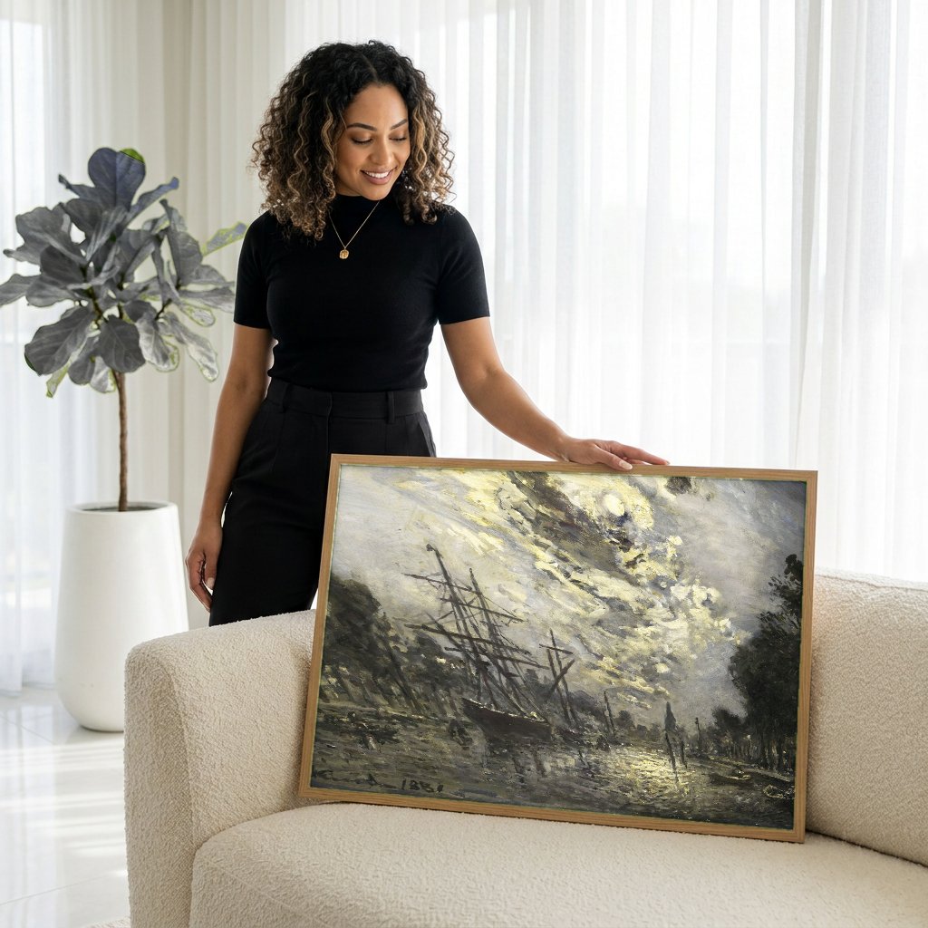 Quadro Decorativo Porto ao Luar - Jongkind com modelo em ambiente