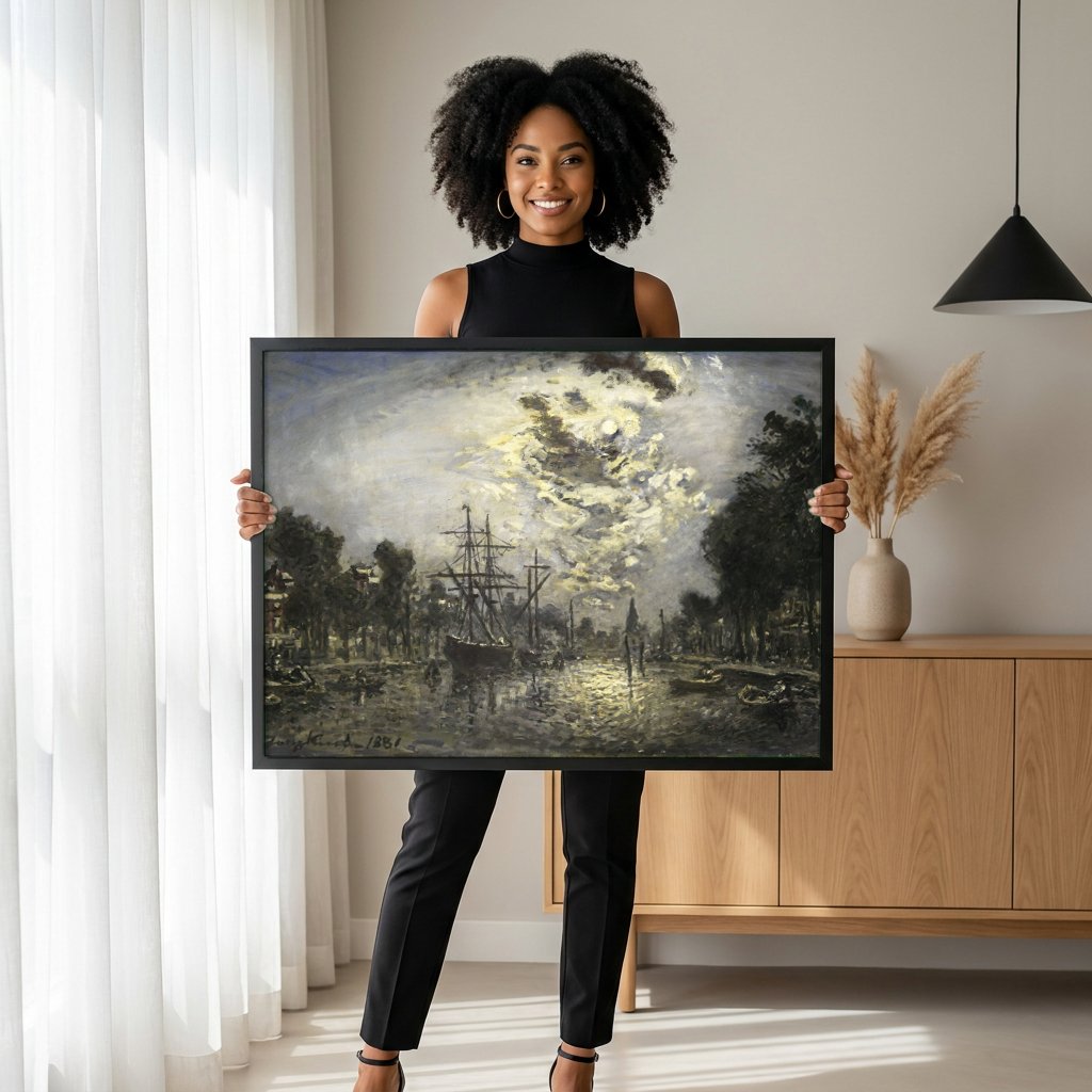 Quadro Decorativo Porto ao Luar - Jongkind com modelo em ambiente