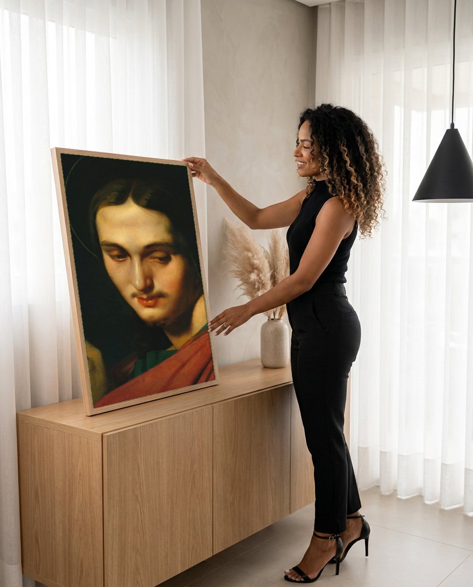 Quadro Decorativo A Cabeça de Cristo - Ingres com modelo em ambiente