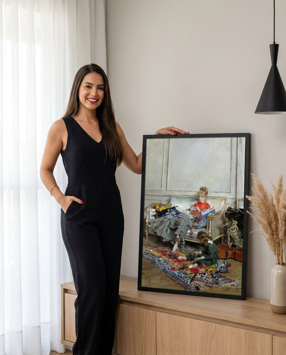 Quadro Decorativo A Costura – Boldini com modelo em ambiente