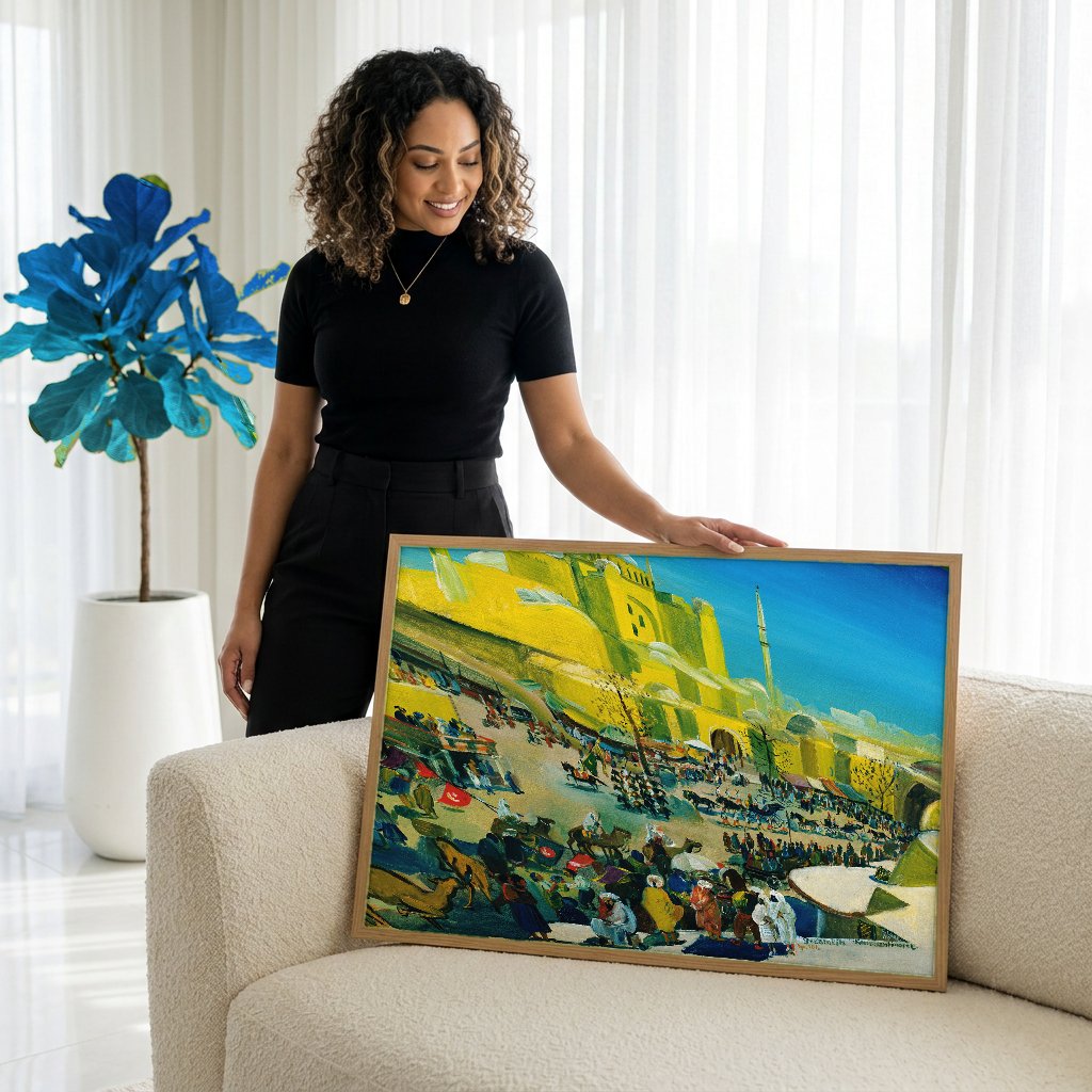 Quadro Decorativo Mercado em Constantinopla - Oskar Laske com modelo em ambiente