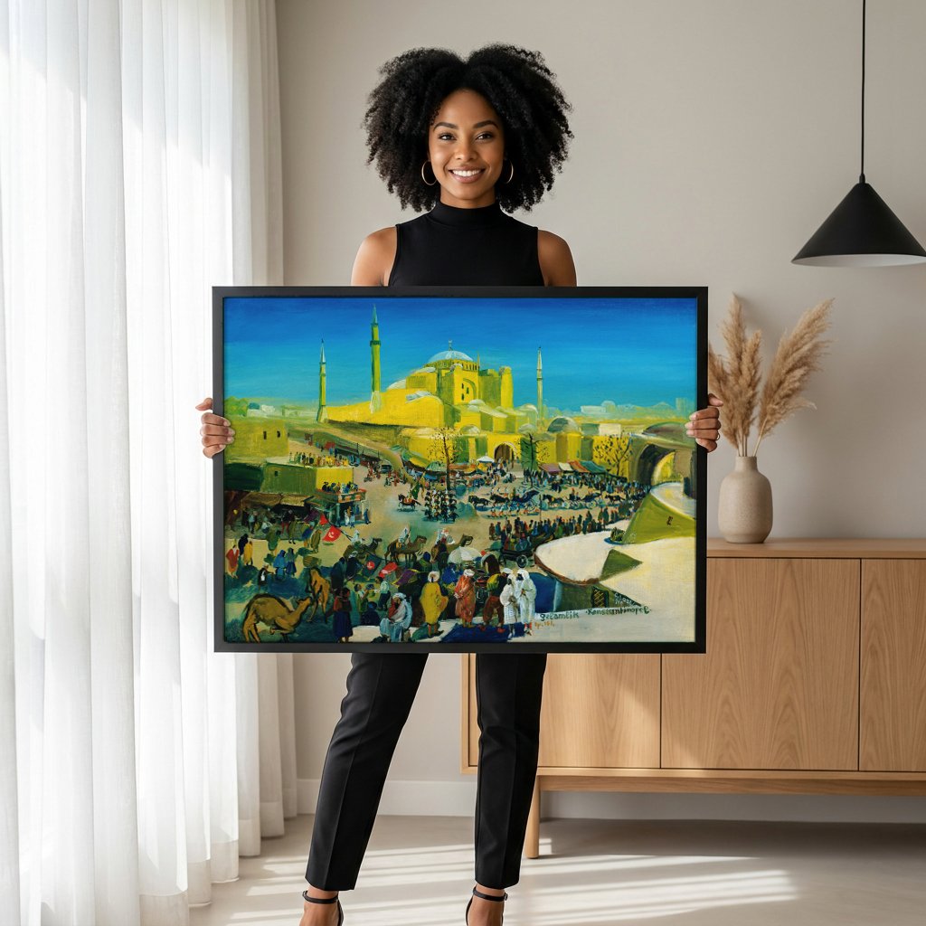 Quadro Decorativo Mercado em Constantinopla - Oskar Laske com modelo em ambiente