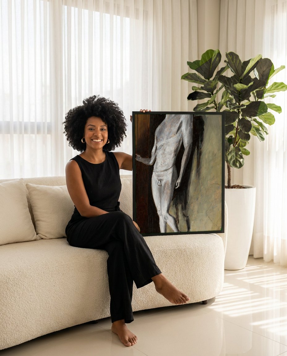 Quadro Decorativo 'Estudo de Nu Masculino' - Jacek Malczewski com modelo em ambiente