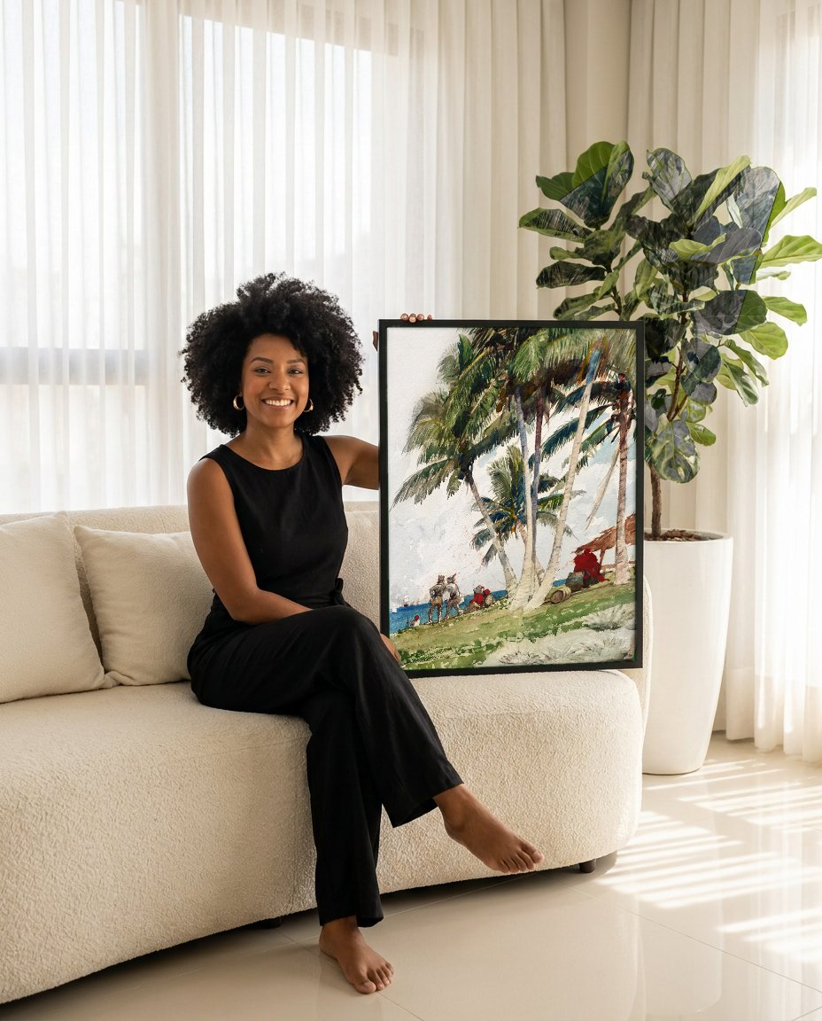 Quadro Decorativo A Praia de Nassau - Winslow Homer com modelo em ambiente
