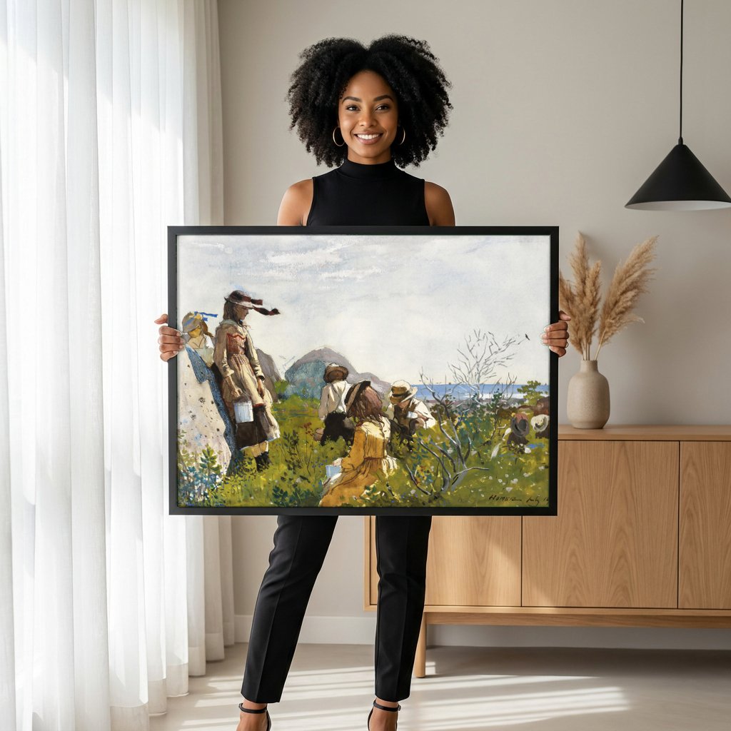 Quadro Decorativo Colhendo Mirtilos - Winslow Homer com modelo em ambiente
