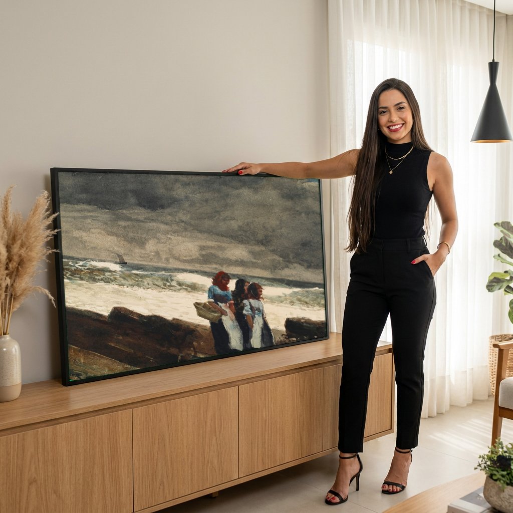 Quadro Decorativo Mulheres na Praia - Winslow Homer com modelo em ambiente