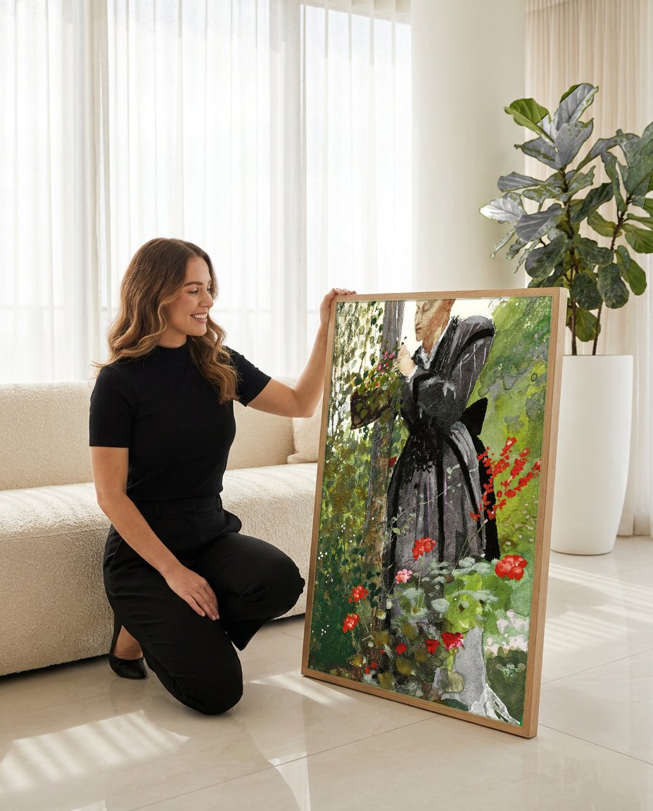 Quadro Decorativo Senhora no Jardim - Winslow Homer com modelo em ambiente