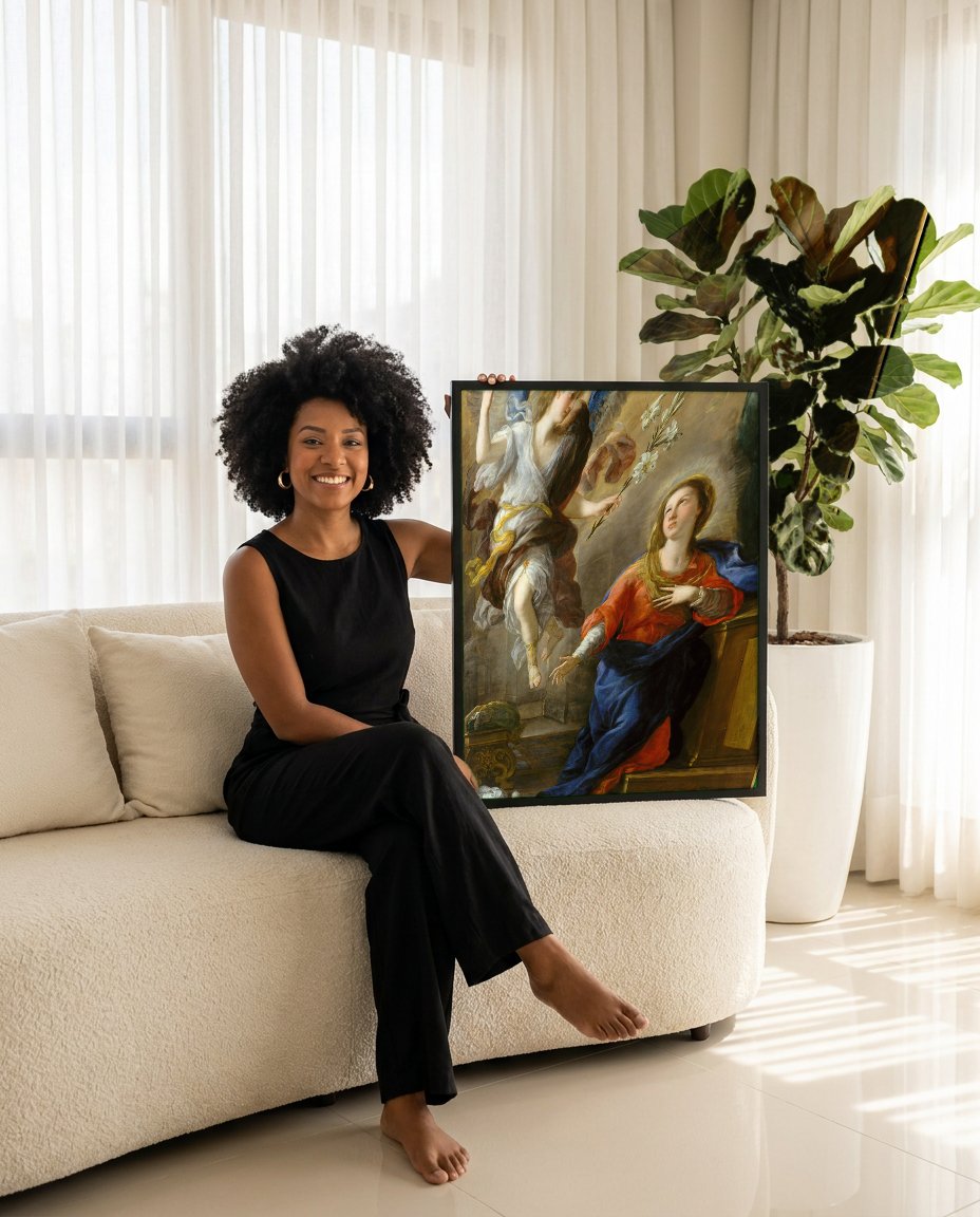 Quadro Decorativo A Anunciação - Luca Giordano com modelo em ambiente
