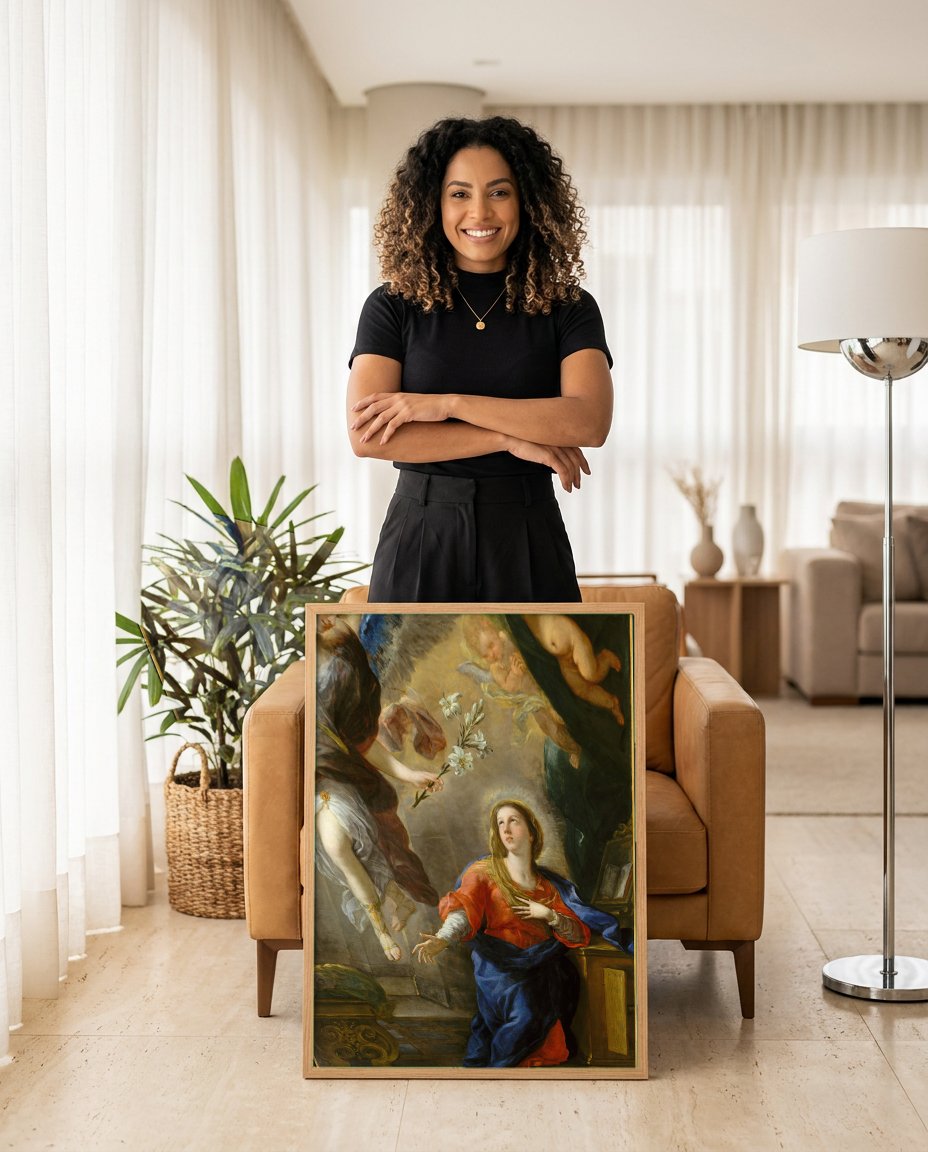 Quadro Decorativo A Anunciação - Luca Giordano com modelo em ambiente