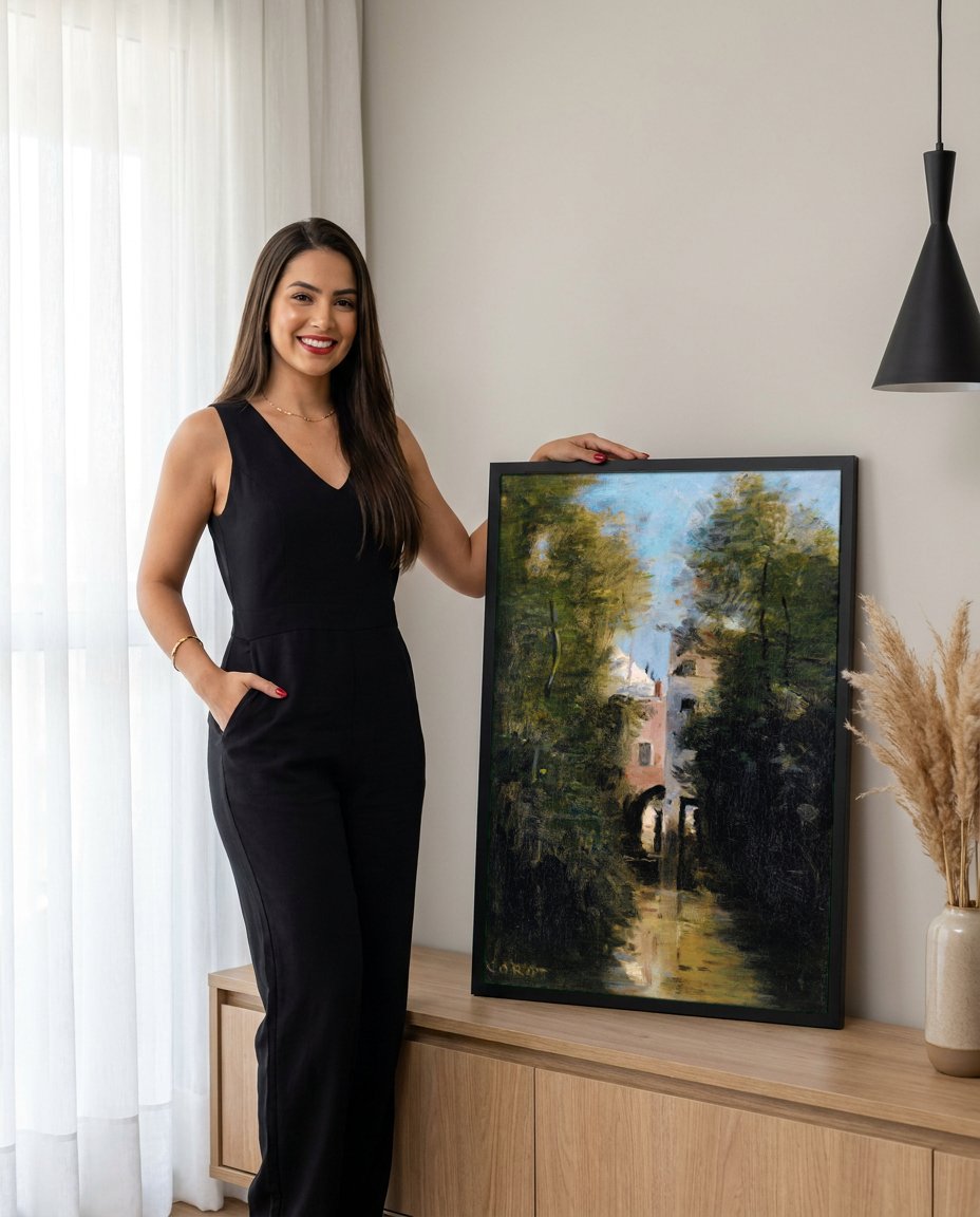 Quadro Decorativo Paisagem com Edifícios - Corot com modelo em ambiente