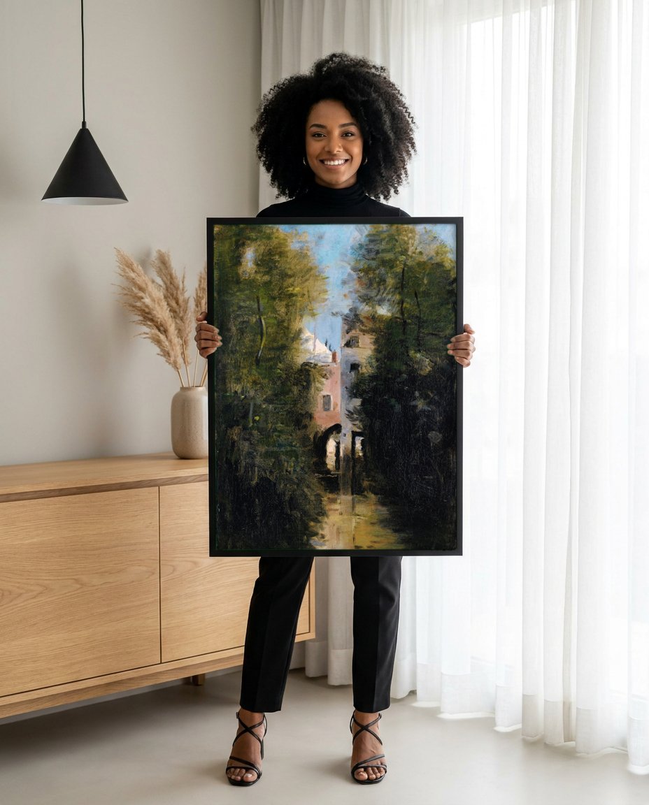 Quadro Decorativo Paisagem com Edifícios - Corot com modelo em ambiente