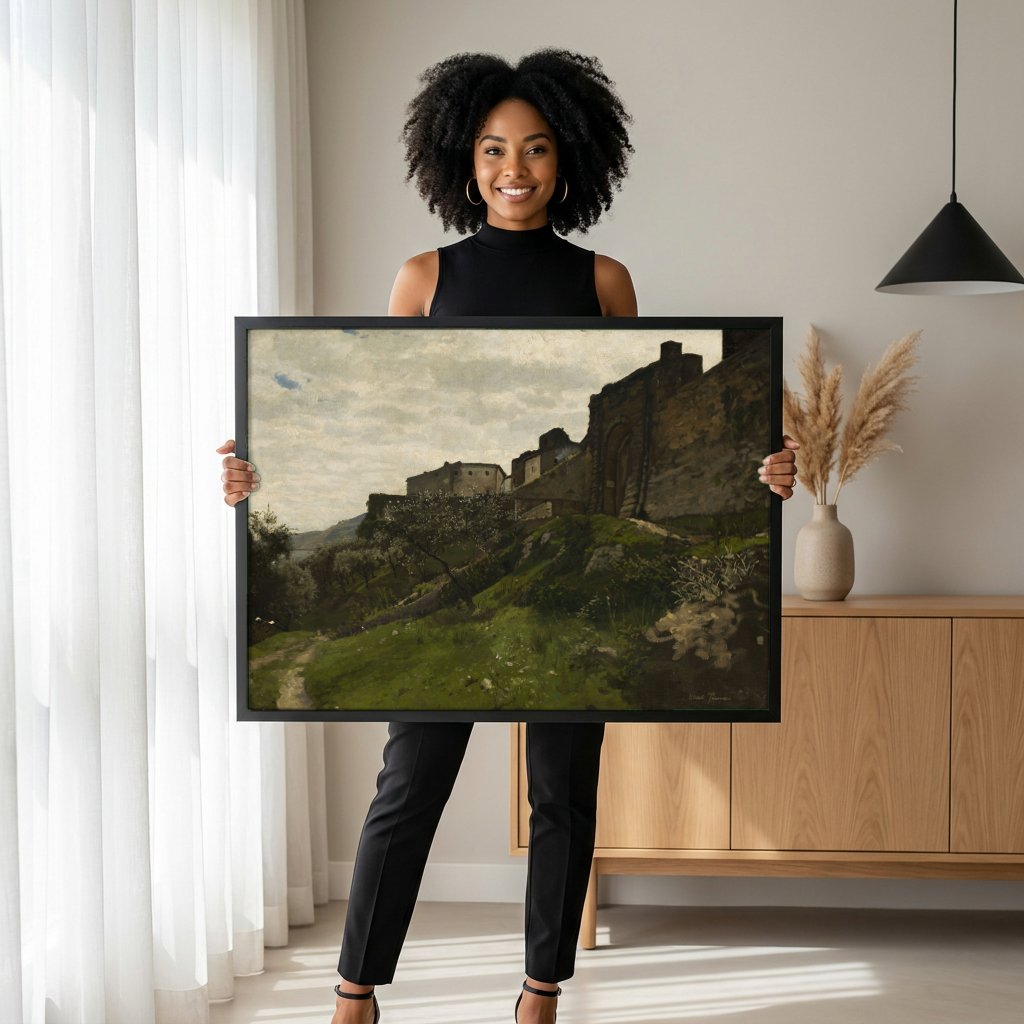 Quadro Decorativo Paisagem com Edifícios Medievais - Hans Thoma com modelo em ambiente