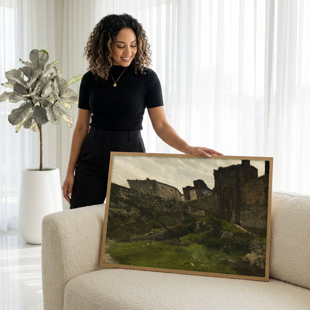Quadro Decorativo Paisagem com Edifícios Medievais - Hans Thoma com modelo em ambiente