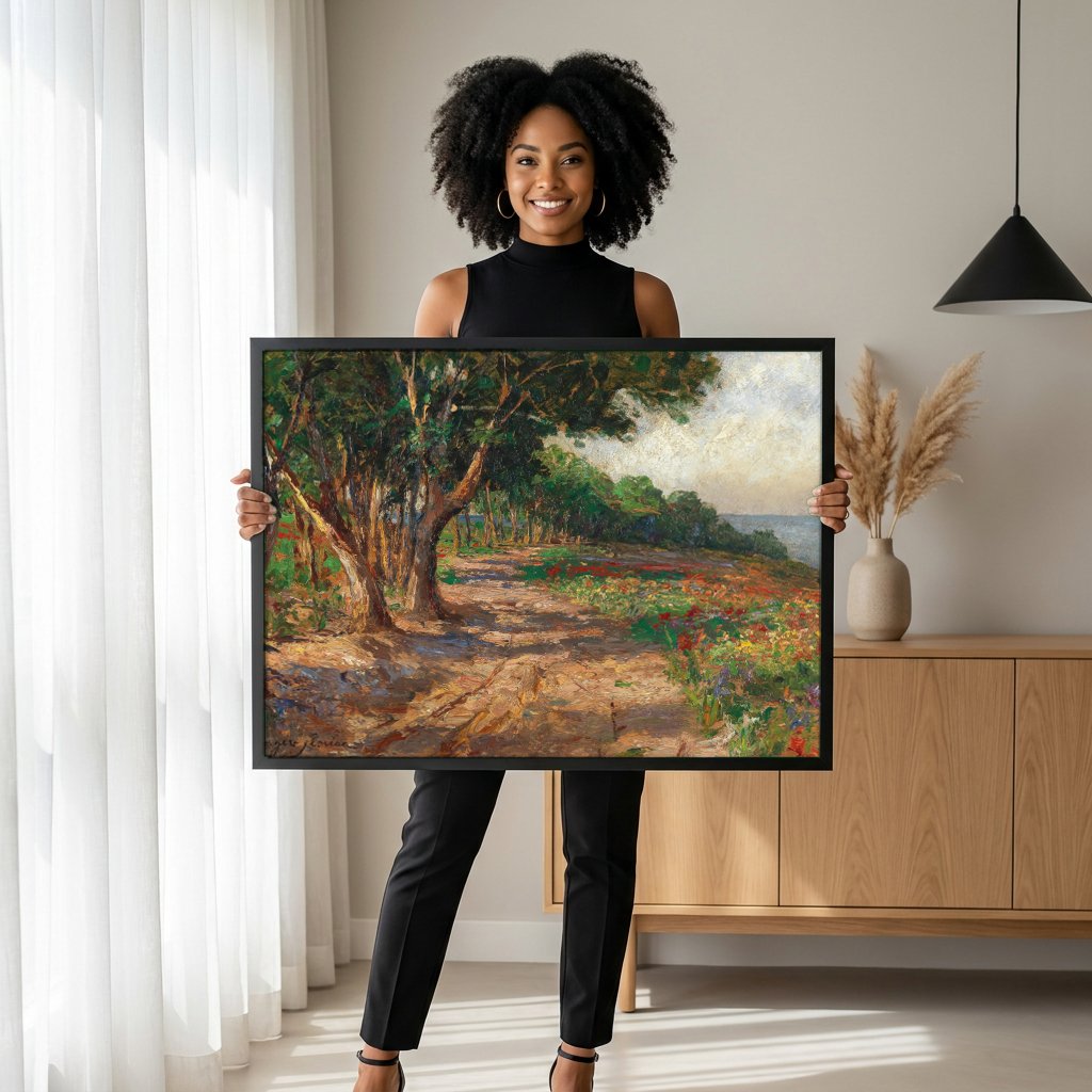Quadro Decorativo Campo Florido à Beira-Mar - Olga Wisinger-Florian com modelo em ambiente