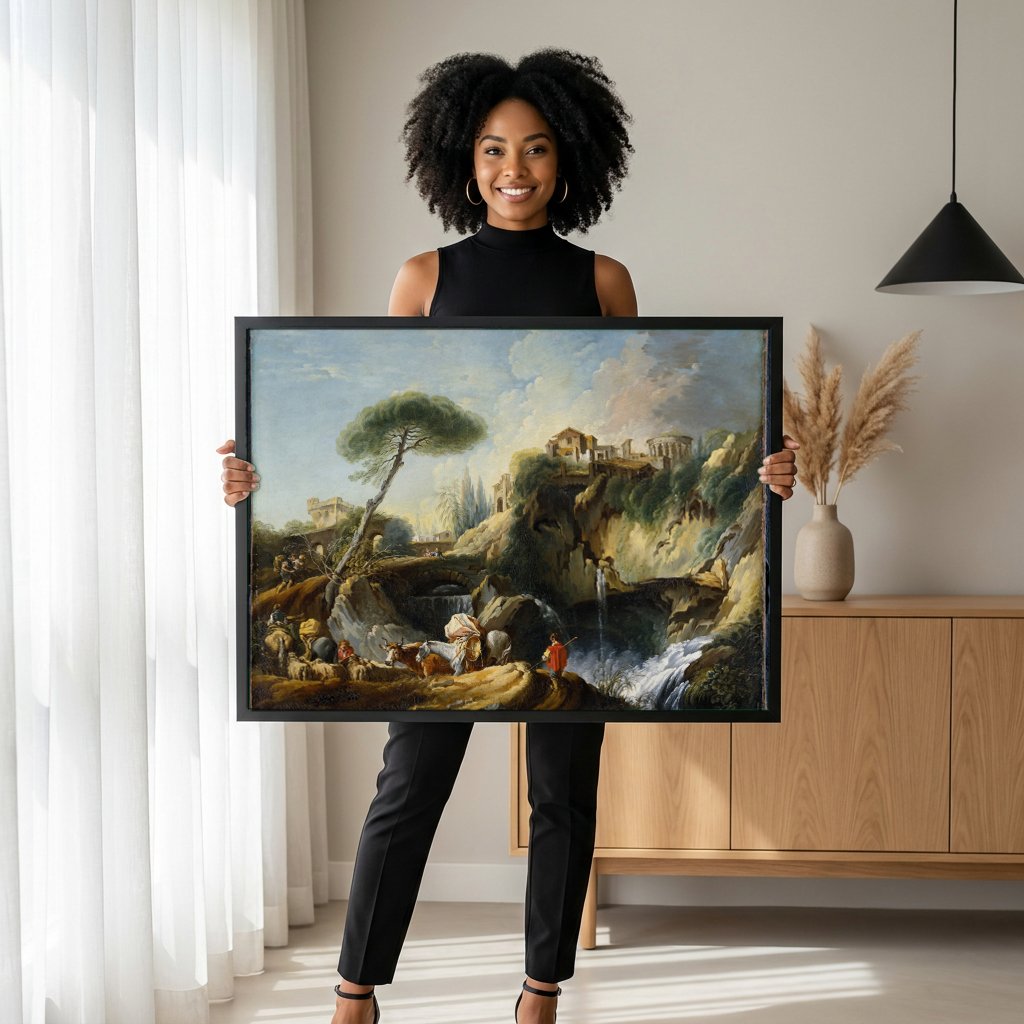 Quadro Decorativo Paisagem com Cachoeira - François Boucher com modelo em ambiente