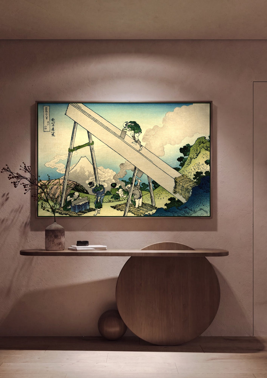 Quadro Decorativo A Serração de Madeira - Hokusai em ambiente decorado