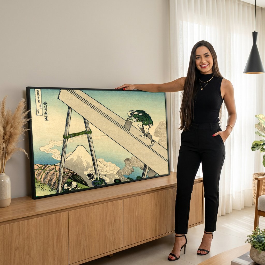 Quadro Decorativo A Serração de Madeira - Hokusai com modelo em ambiente