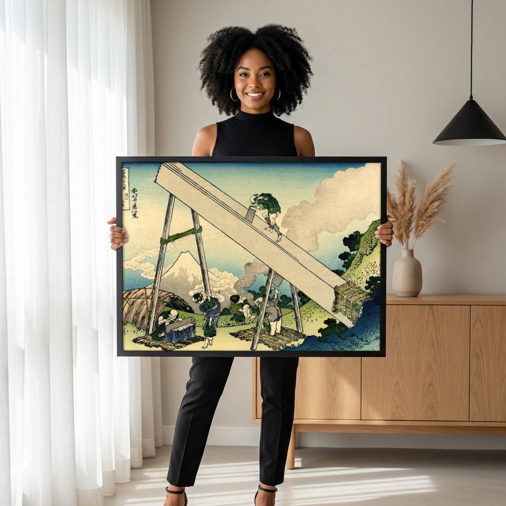 Quadro Decorativo A Serração de Madeira - Hokusai com modelo em ambiente