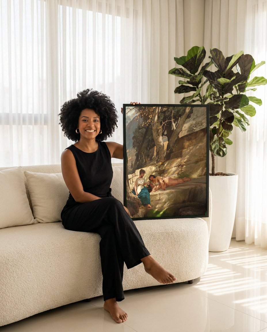 Quadro Decorativo A Fonte - Henryk Siemiradzki com modelo em ambiente