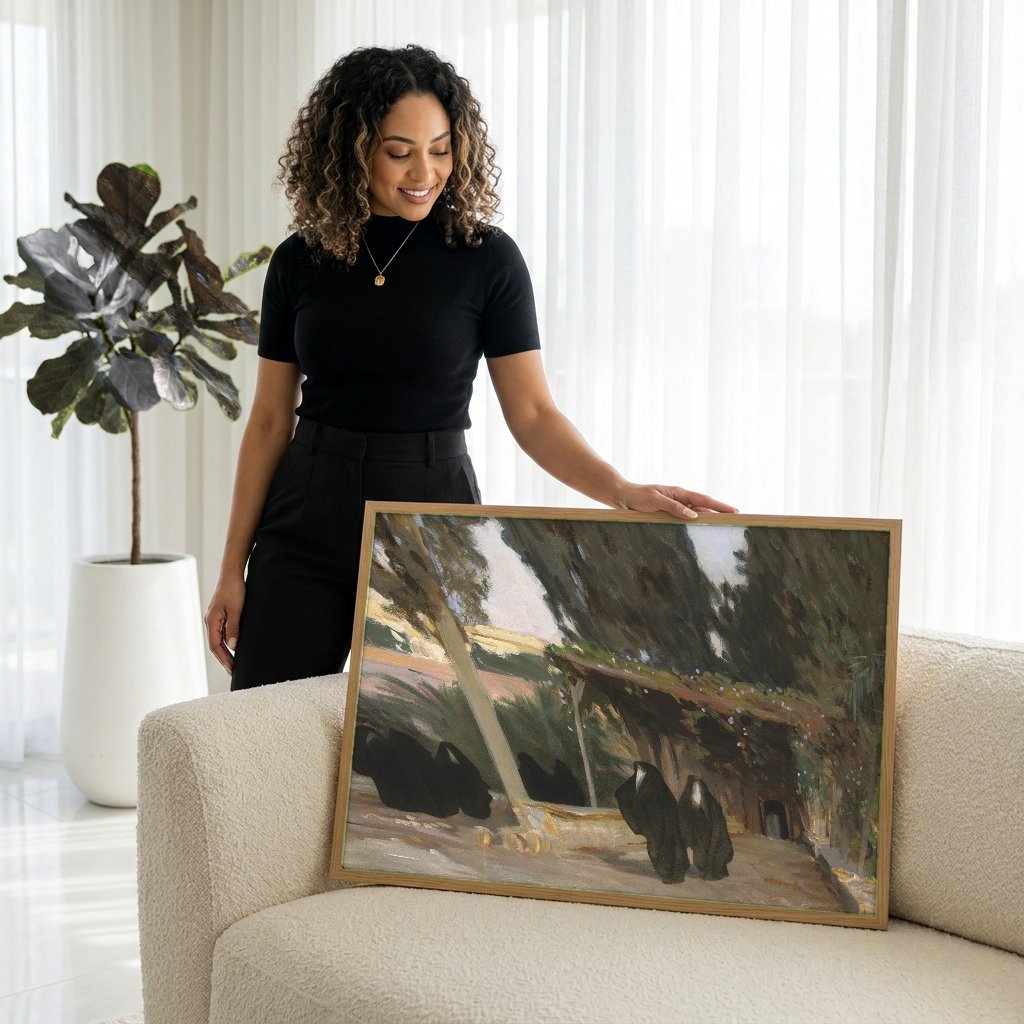 Quadro Decorativo 'No Jardim do Mosteiro' - John Singer Sargent com modelo em ambiente