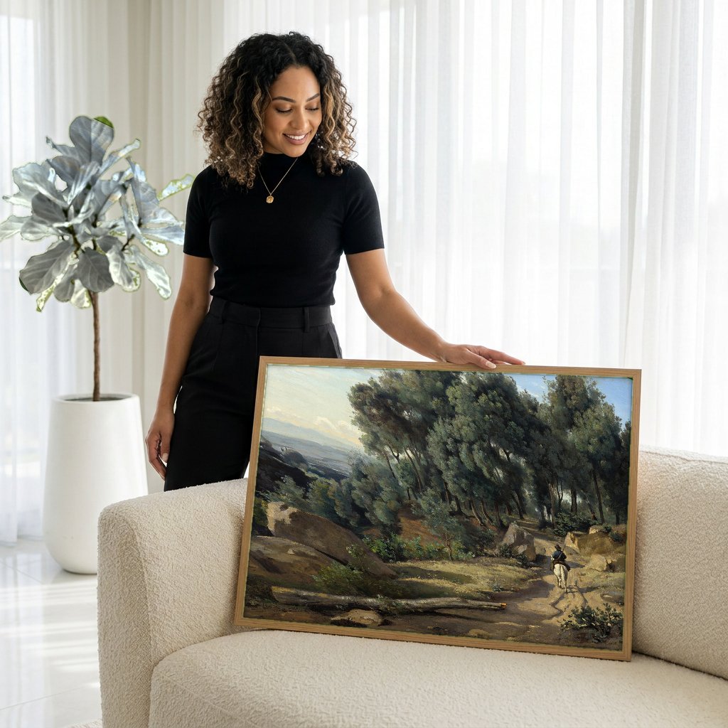 Quadro Decorativo Paisagem com Cavaleiro - Corot com modelo em ambiente