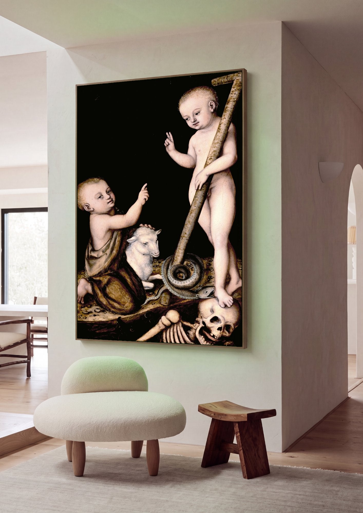 Quadro Decorativo Crianças com Cordeiro e Crânio - Lucas Cranach em ambiente decorado