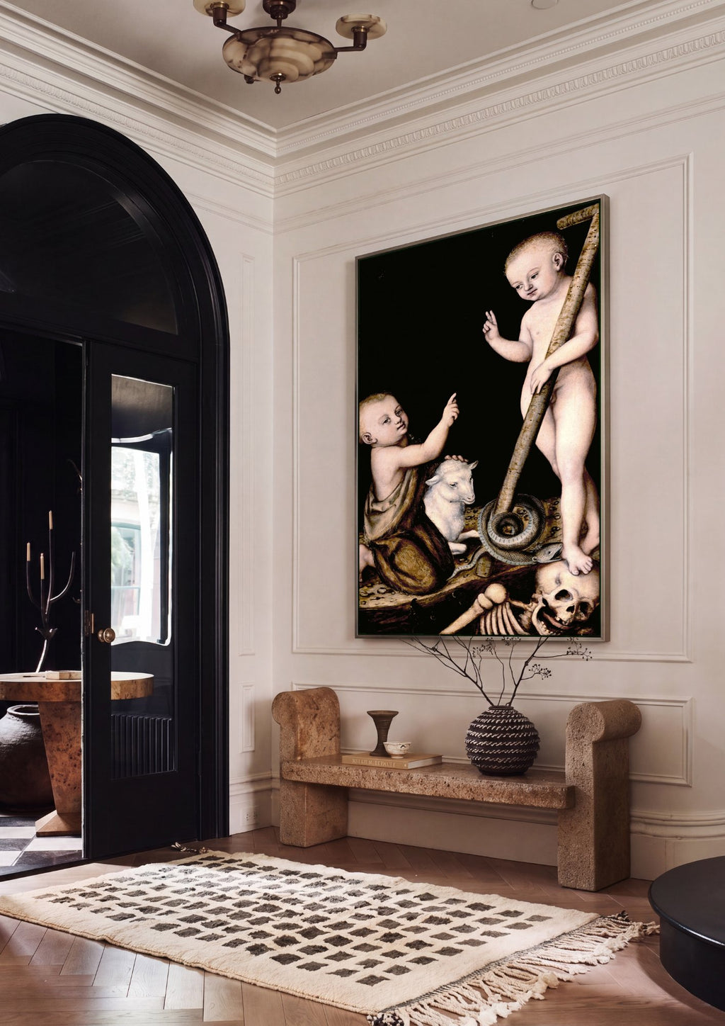 Quadro Decorativo Crianças com Cordeiro e Crânio - Lucas Cranach em ambiente decorado