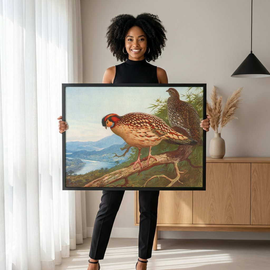 Quadro Decorativo Aves Exóticas em Paisagem - Thorburn com modelo em ambiente