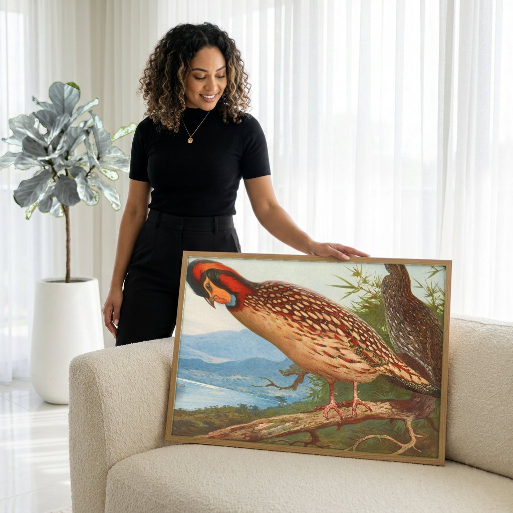 Quadro Decorativo Aves Exóticas em Paisagem - Thorburn com modelo em ambiente