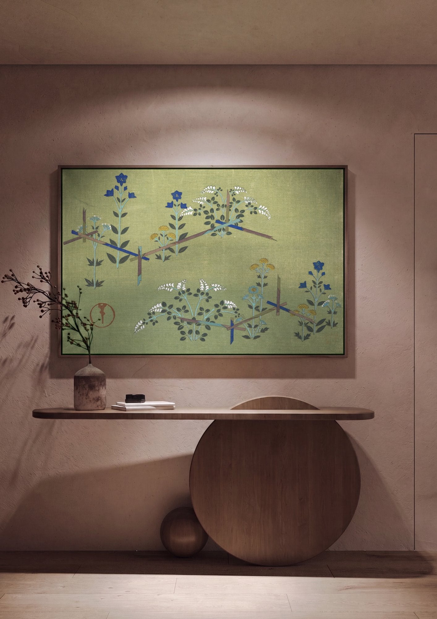 Quadro Decorativo Flores e Cercas - Kamisaka Sekka em ambiente decorado