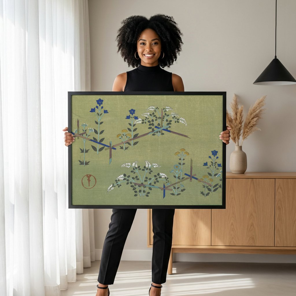 Quadro Decorativo Flores e Cercas - Kamisaka Sekka com modelo em ambiente