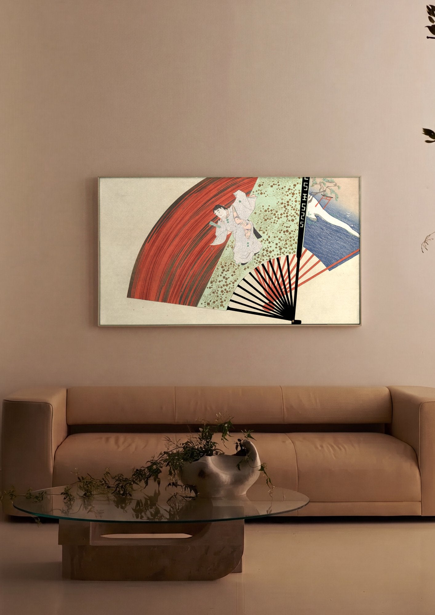 Quadro Decorativo Leque e Figuras - Kamisaka Sekka em ambiente decorado