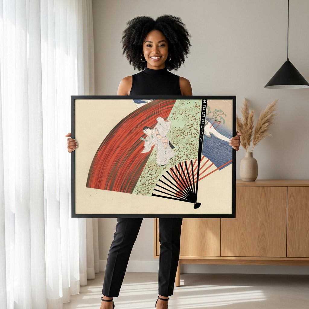 Quadro Decorativo Leque e Figuras - Kamisaka Sekka com modelo em ambiente