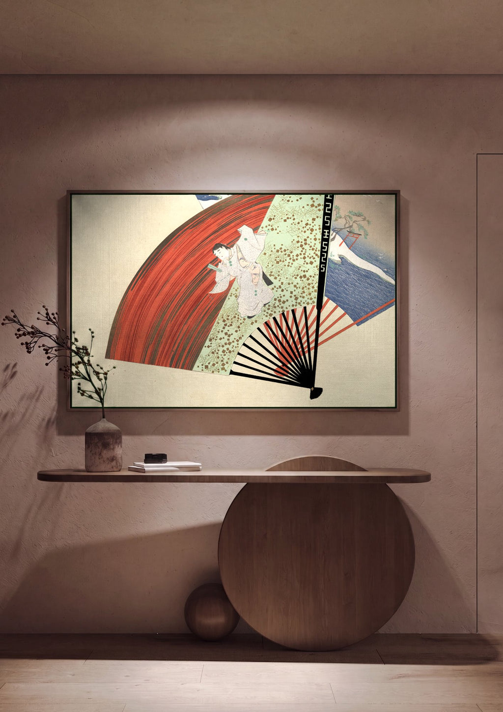 Quadro Decorativo Leque e Figuras - Kamisaka Sekka em ambiente decorado