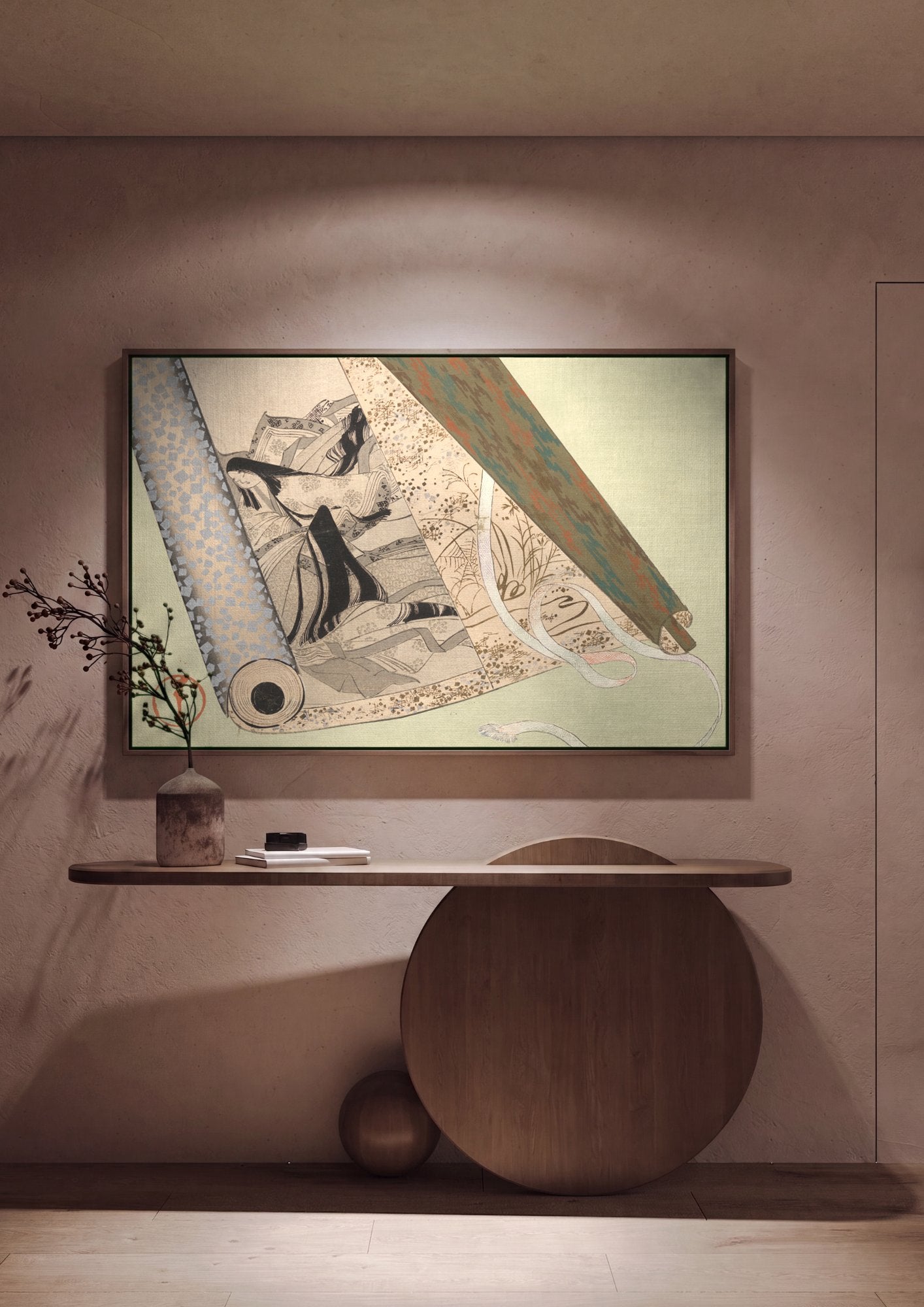 Quadro Decorativo A Dama e o Rolo – Kamisaka Sekka em ambiente decorado