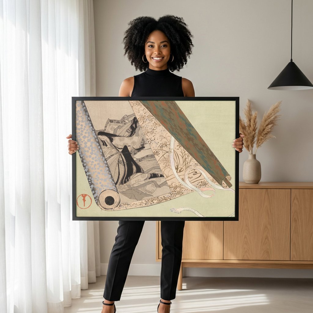 Quadro Decorativo A Dama e o Rolo – Kamisaka Sekka com modelo em ambiente