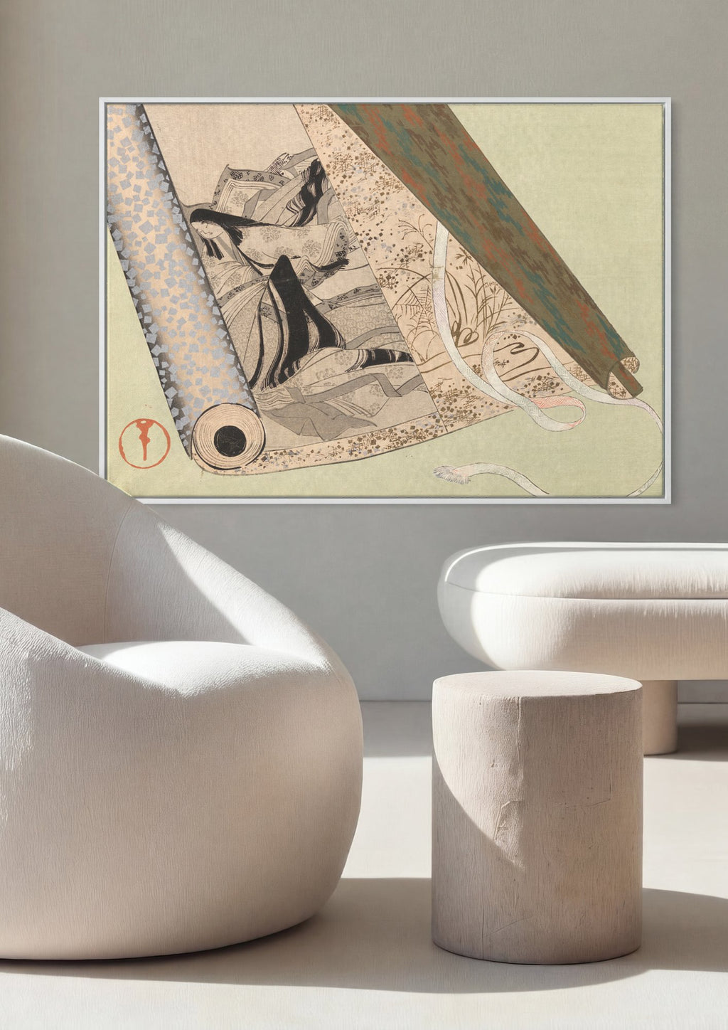 Quadro Decorativo A Dama e o Rolo – Kamisaka Sekka em ambiente decorado