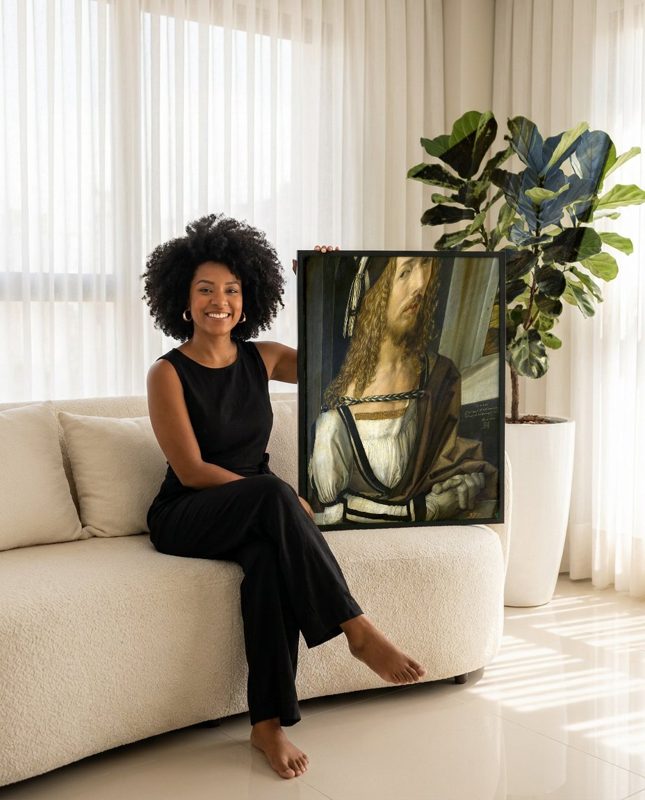 Quadro Decorativo Autorretrato com Paisagem - Albrecht Dürer com modelo em ambiente