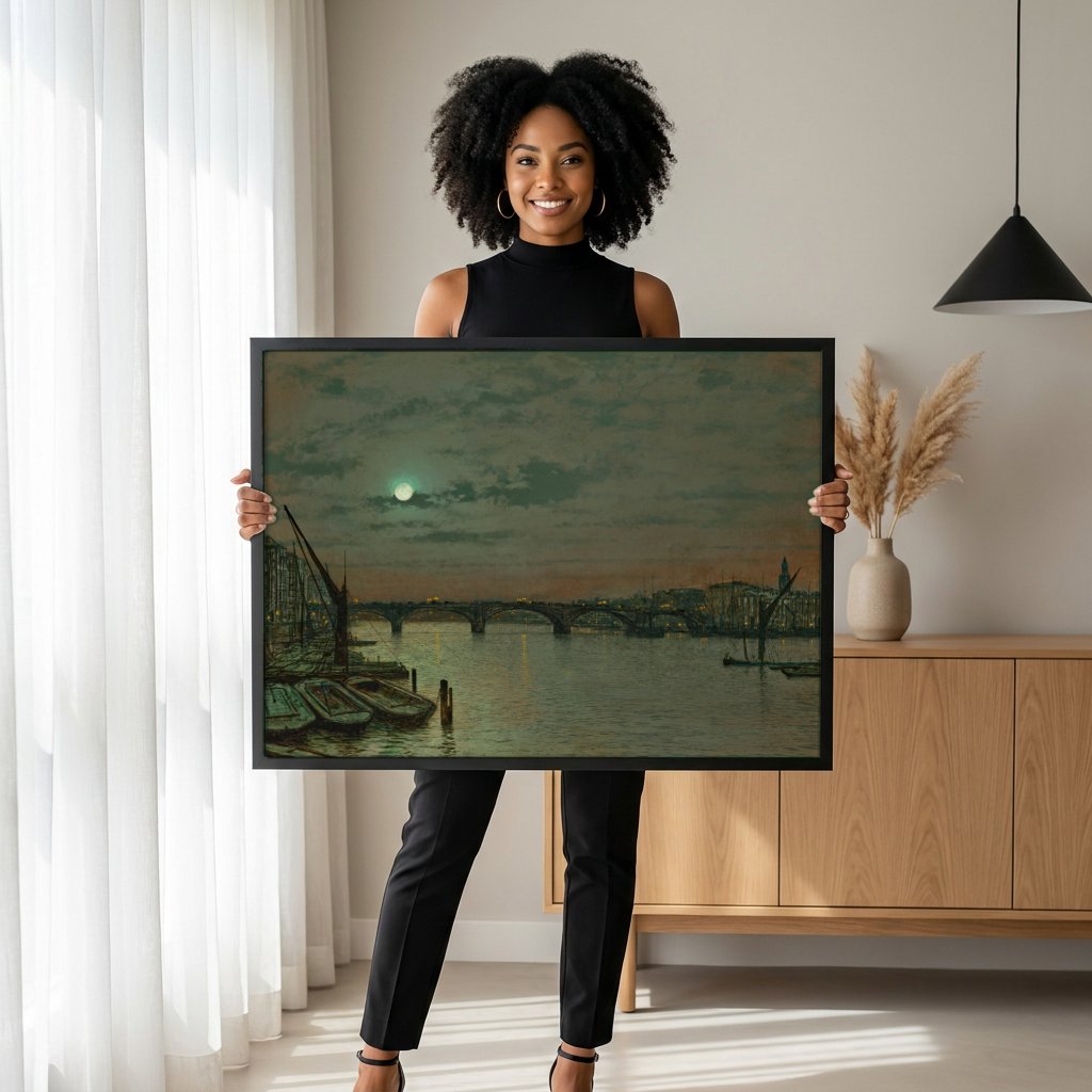 Quadro Decorativo Noite Lunar no Tâmisa - Grimshaw com modelo em ambiente